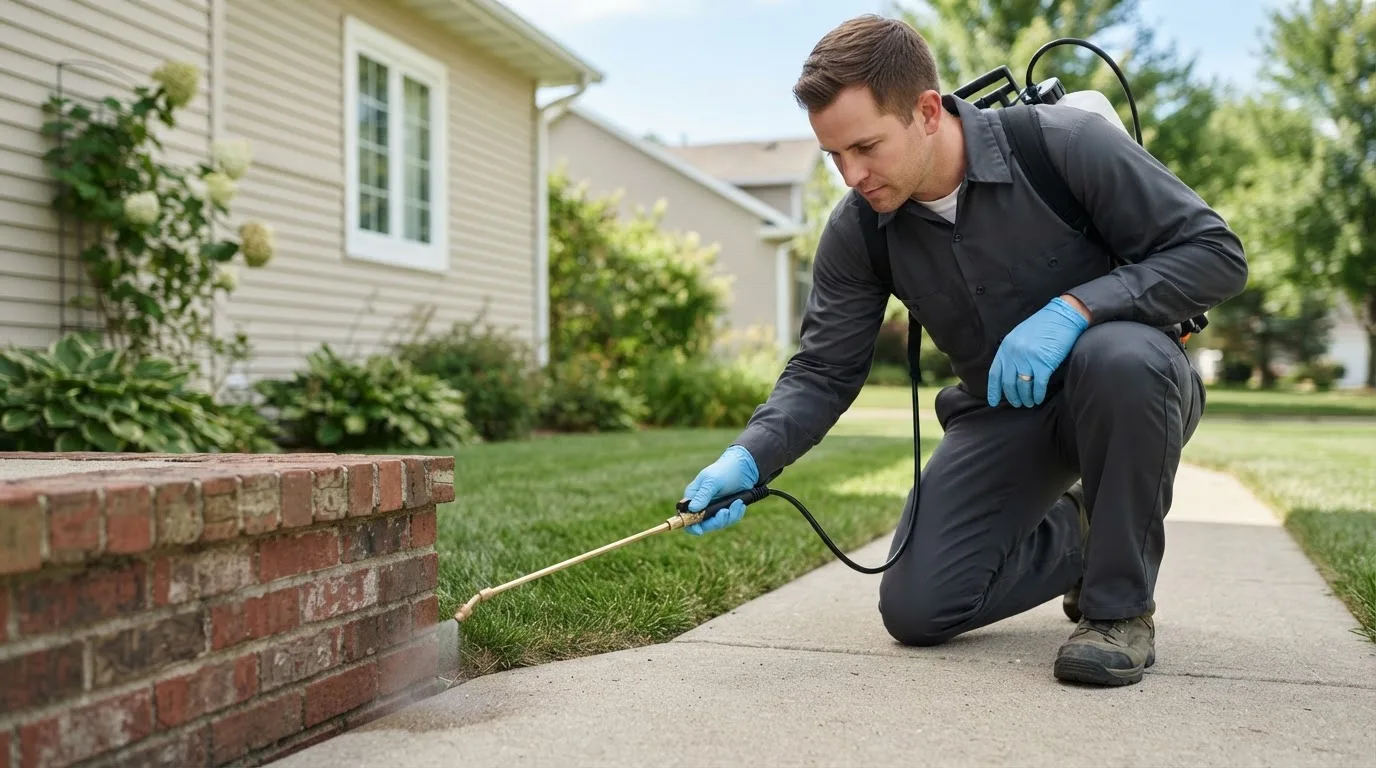 Pest control technician treating a home near Littlestown, PA
